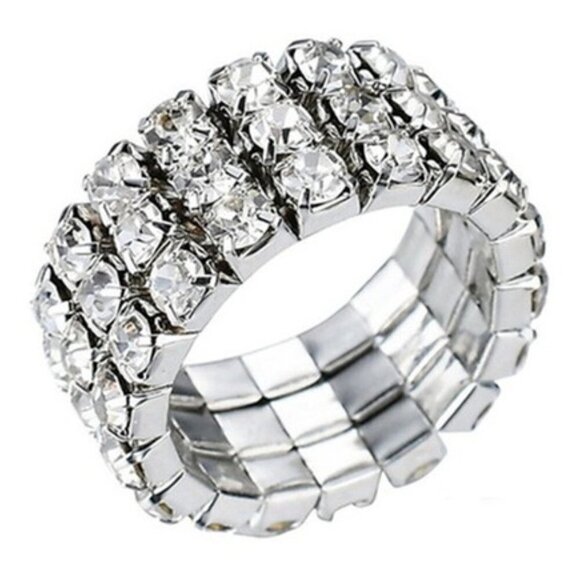 Silver Stretch Ring with Clear Rhinestones – Glamorous Wide Band Bling Jewelry - Picture 3 of 9